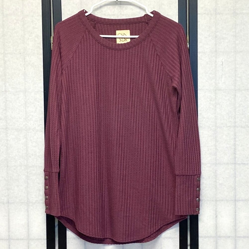 Cha Sor Raglan Thermal Knit Tunic Top M Long Sleeve Wide Button Cuff Curve Hem